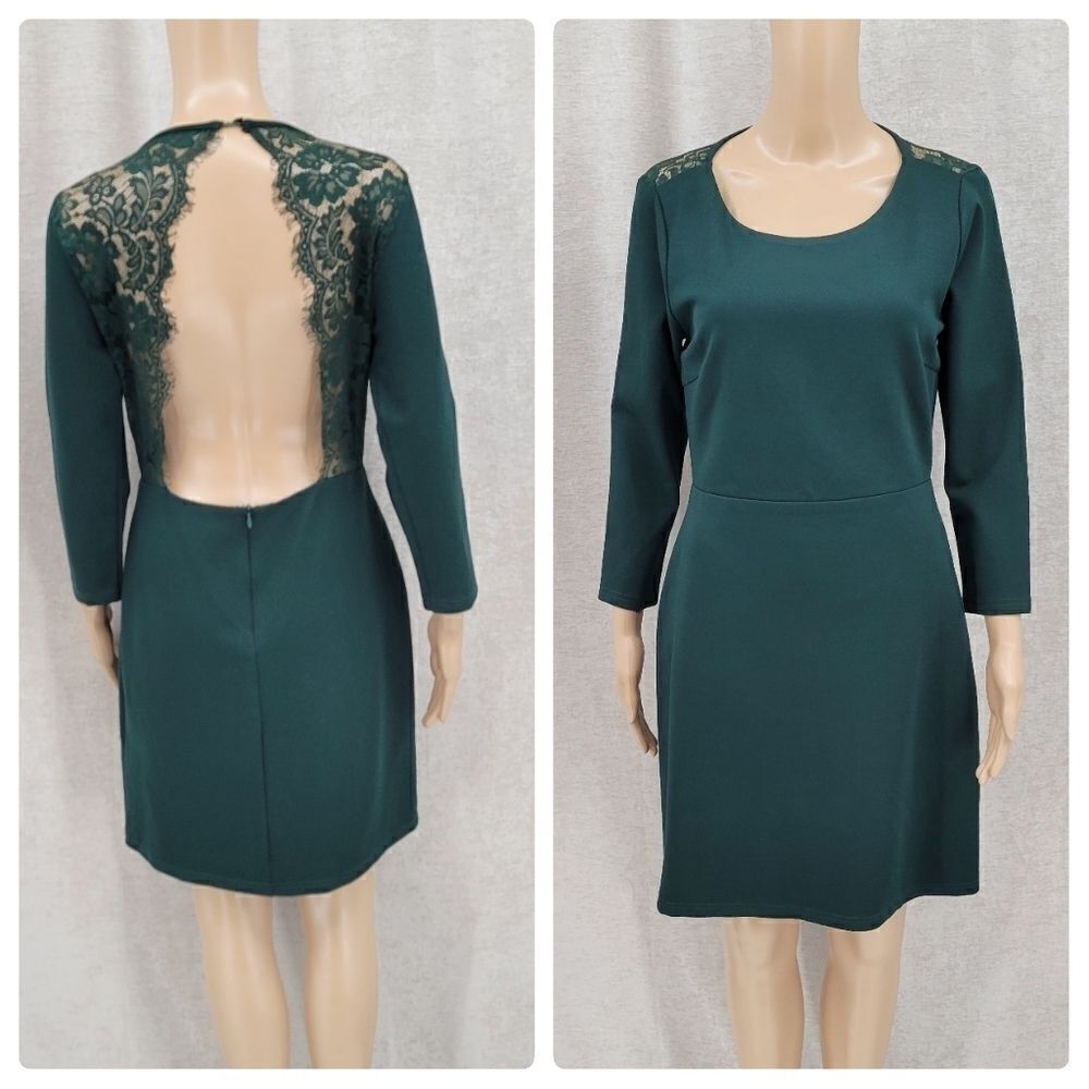 Lulus Green Long Sleeve Midi Dress with Open Back Lace Trim
